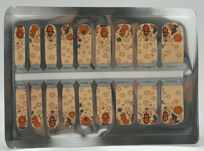 Safari themed children's nail wraps sheet with cute animal patterns and size markings