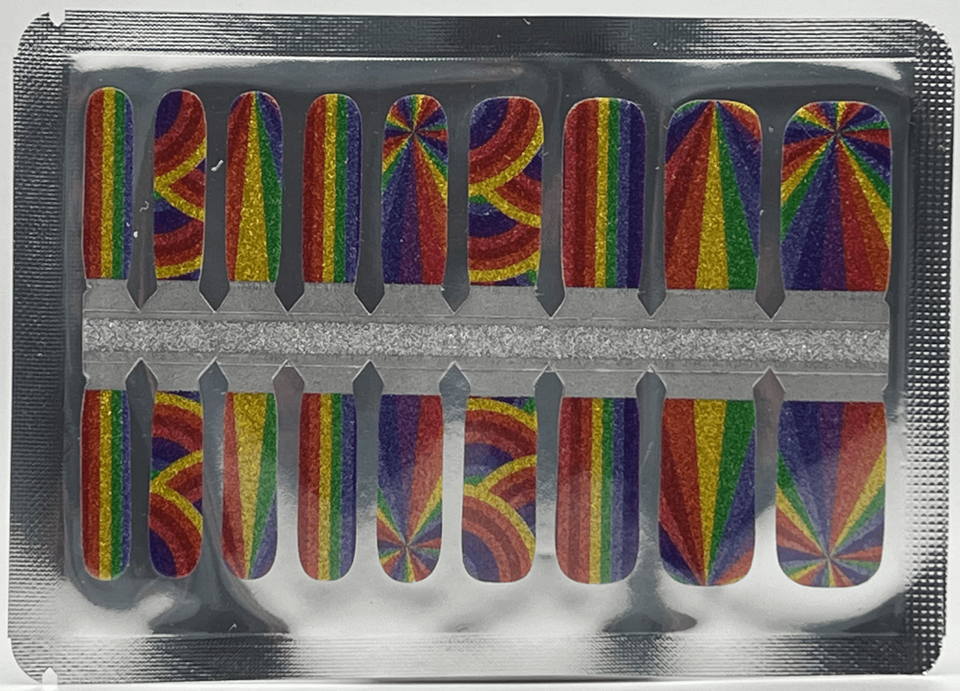 Rainbow striped mini me nail wraps for kids featuring vibrant multicoloured glitter designs