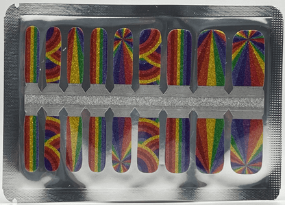 Rainbow striped mini me nail wraps for kids featuring vibrant multicoloured glitter designs