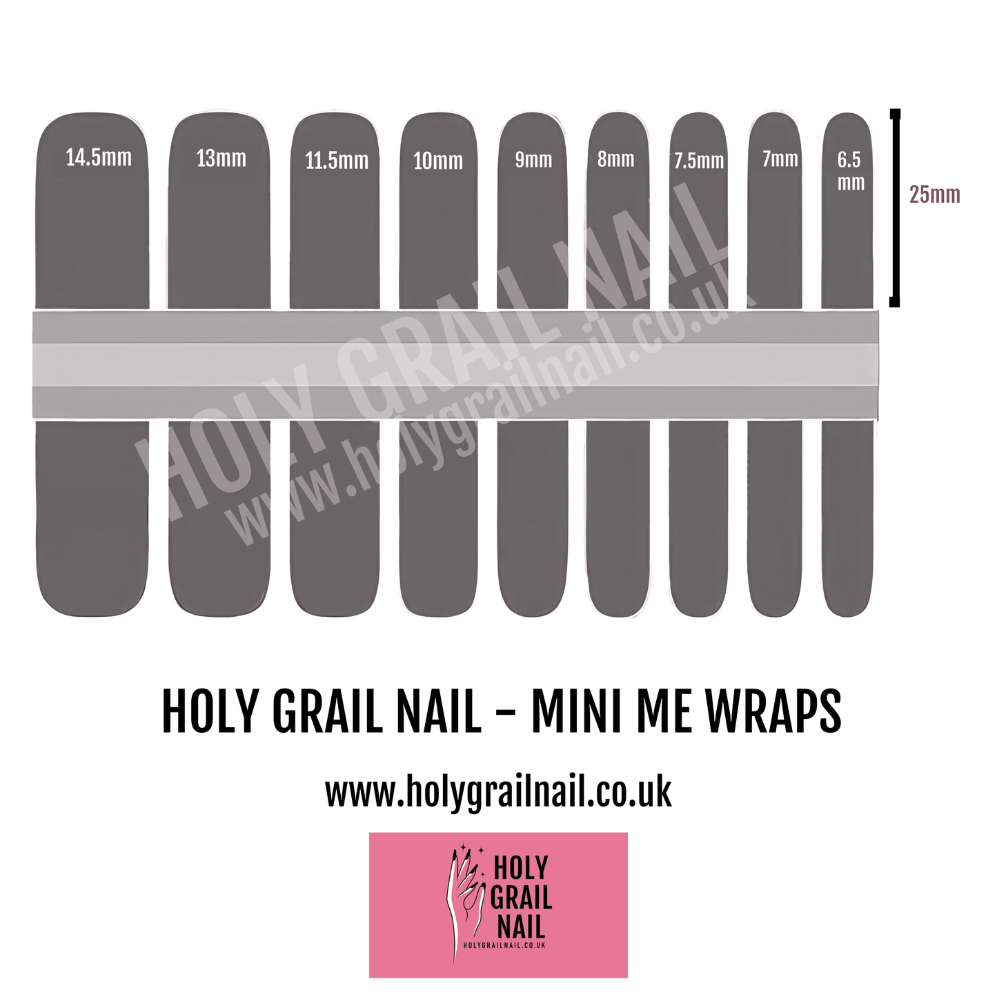 Kids nail wraps sizing chart showing mini me rainbow design in multiple sizes