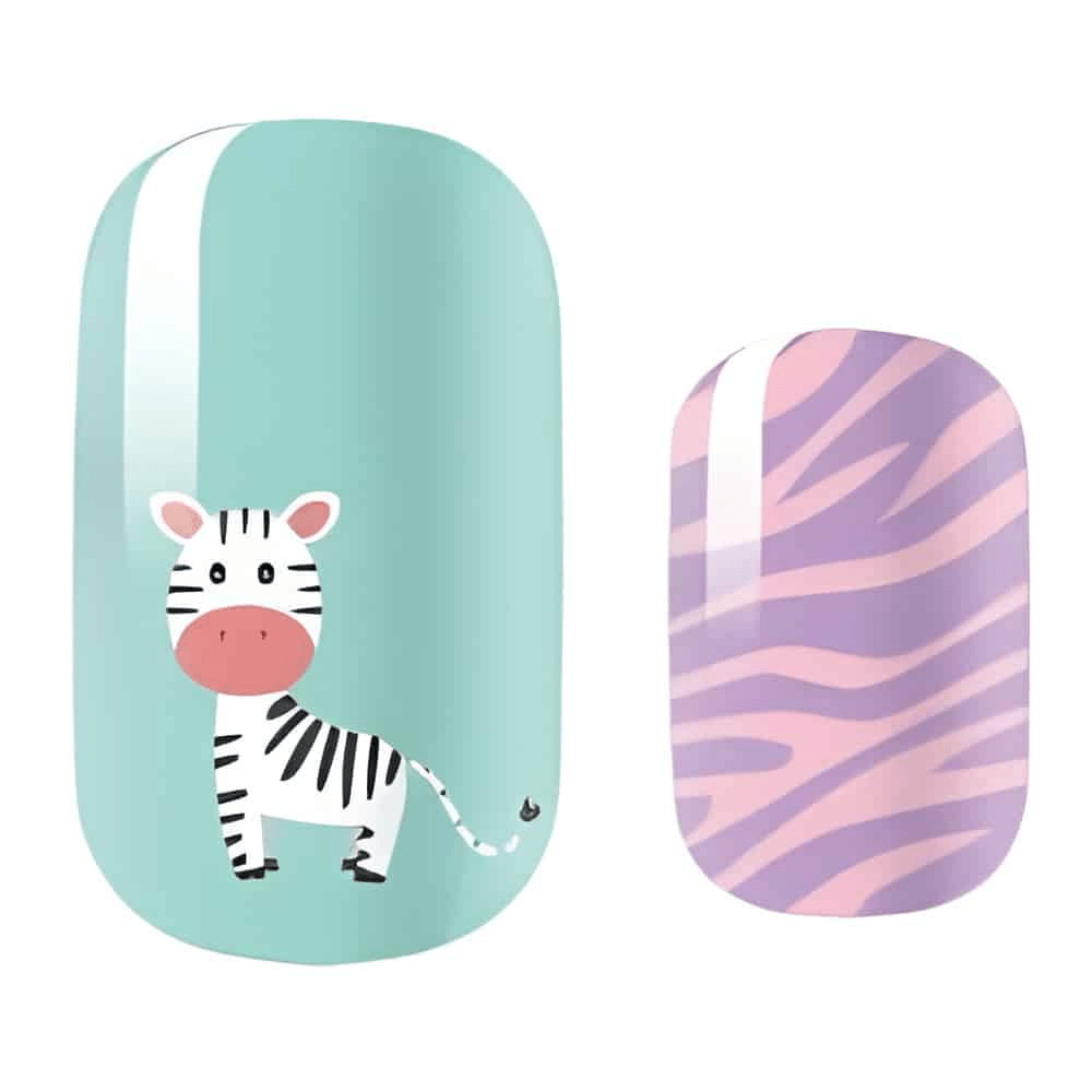 Mint green kids nail wraps with cute zebra character and purple stripe design