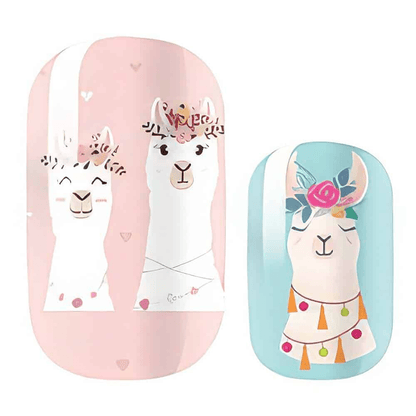 Adorable llama nail wraps featuring cute animals in pastel pink and blue colours