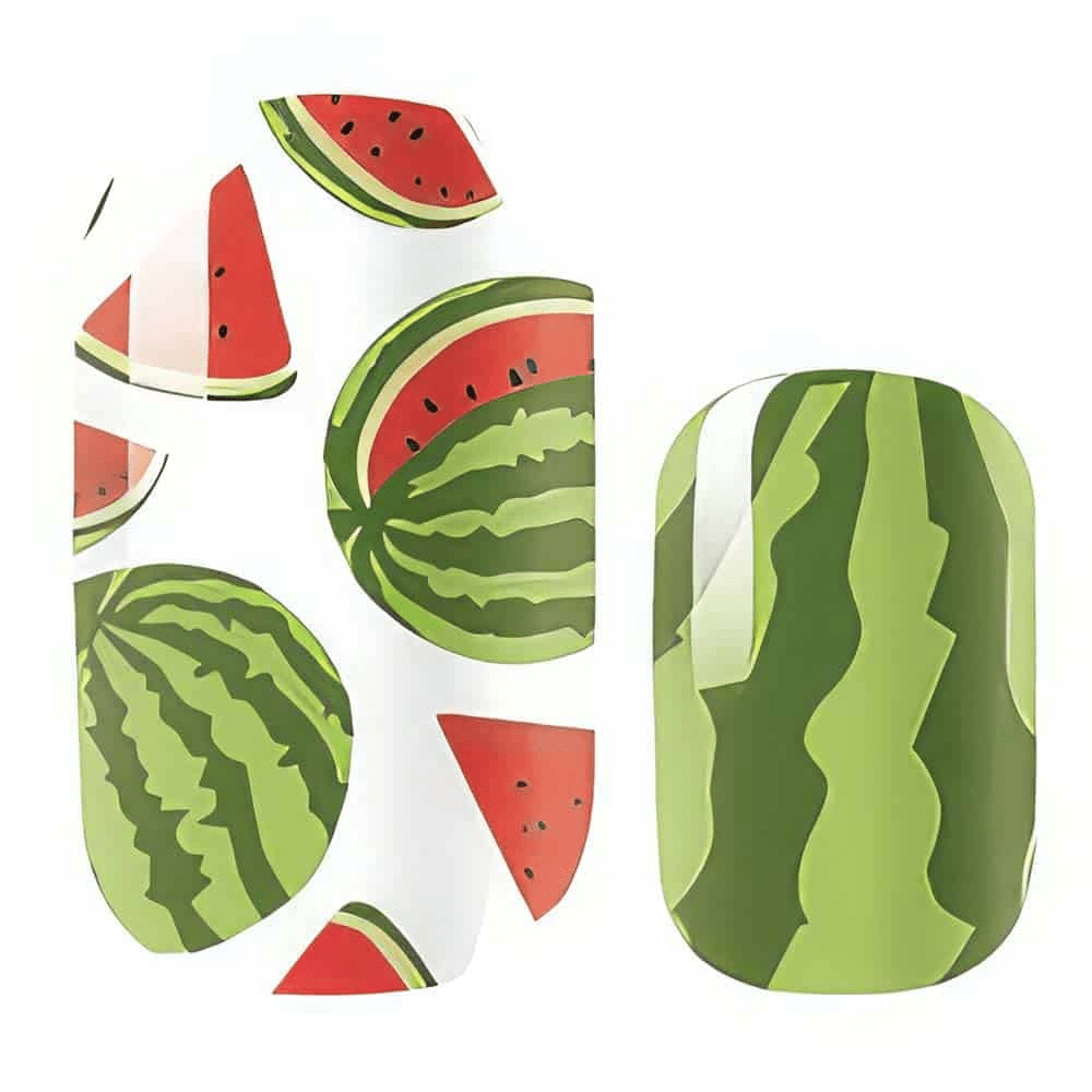 Non-UV watermelon nail wraps featuring green rind and red fruit slice patterns