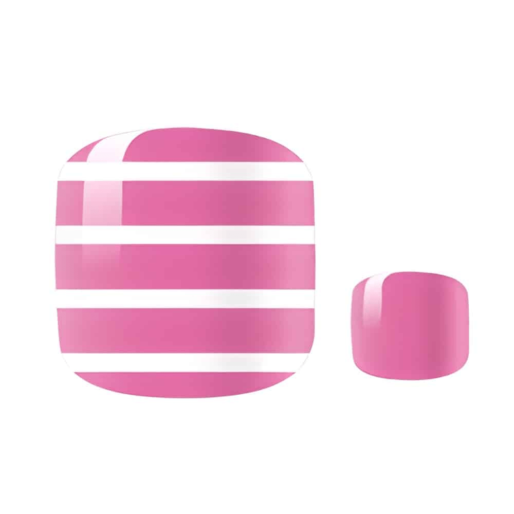 Pink and white striped nail art design for pedicure wraps toe nails