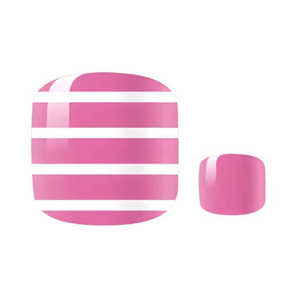 Pink and white striped nail art design for pedicure wraps toe nails