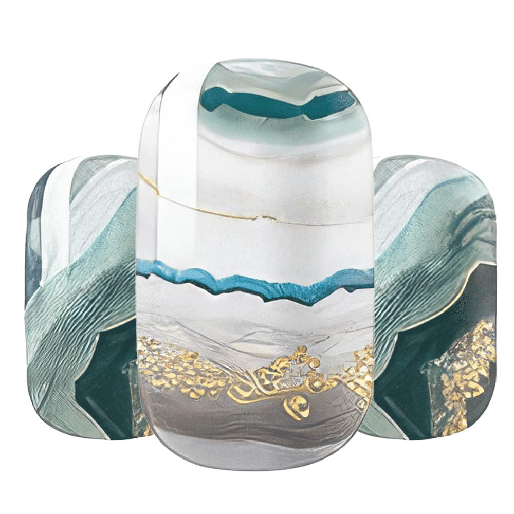 Teal blue marble agate nail wraps with gold foil accents close-up detail