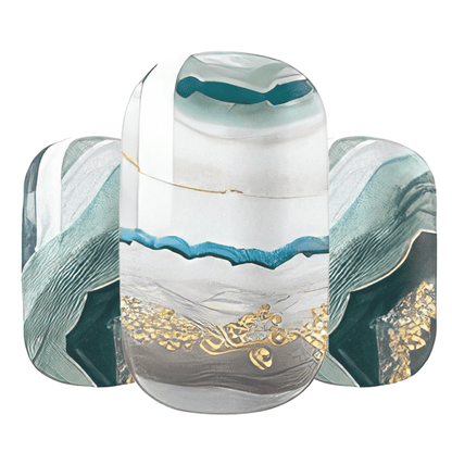 Teal blue marble agate nail wraps with gold foil accents close-up detail