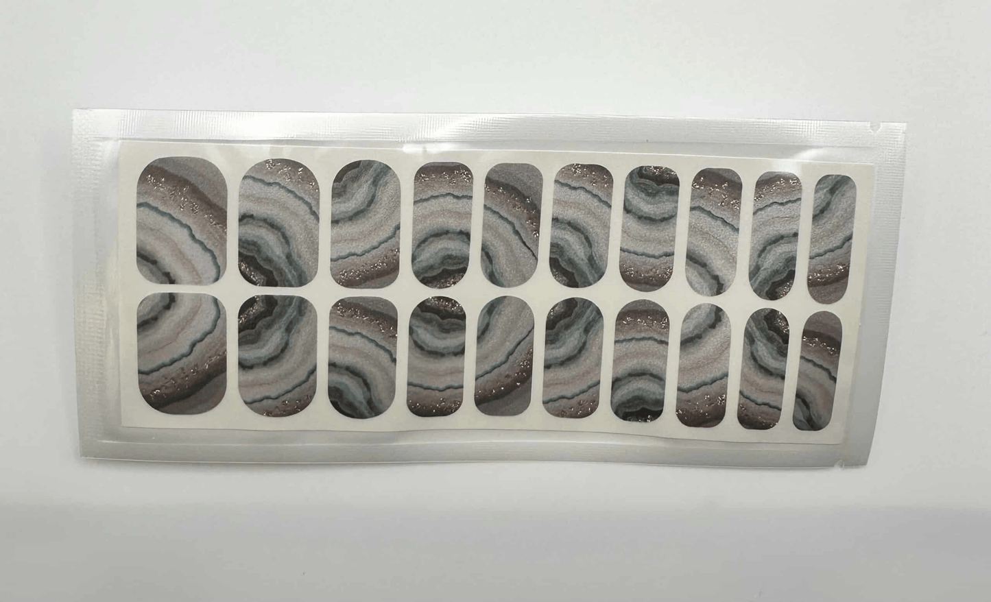 Grey marble agate pattern nail wraps with gold glitter accents wide fit design