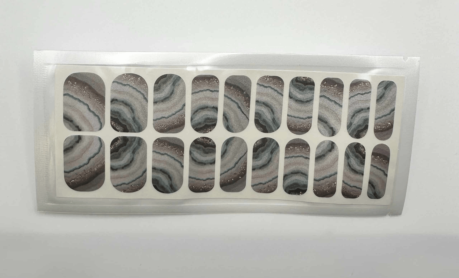 Grey marble agate pattern nail wraps with gold glitter accents wide fit design