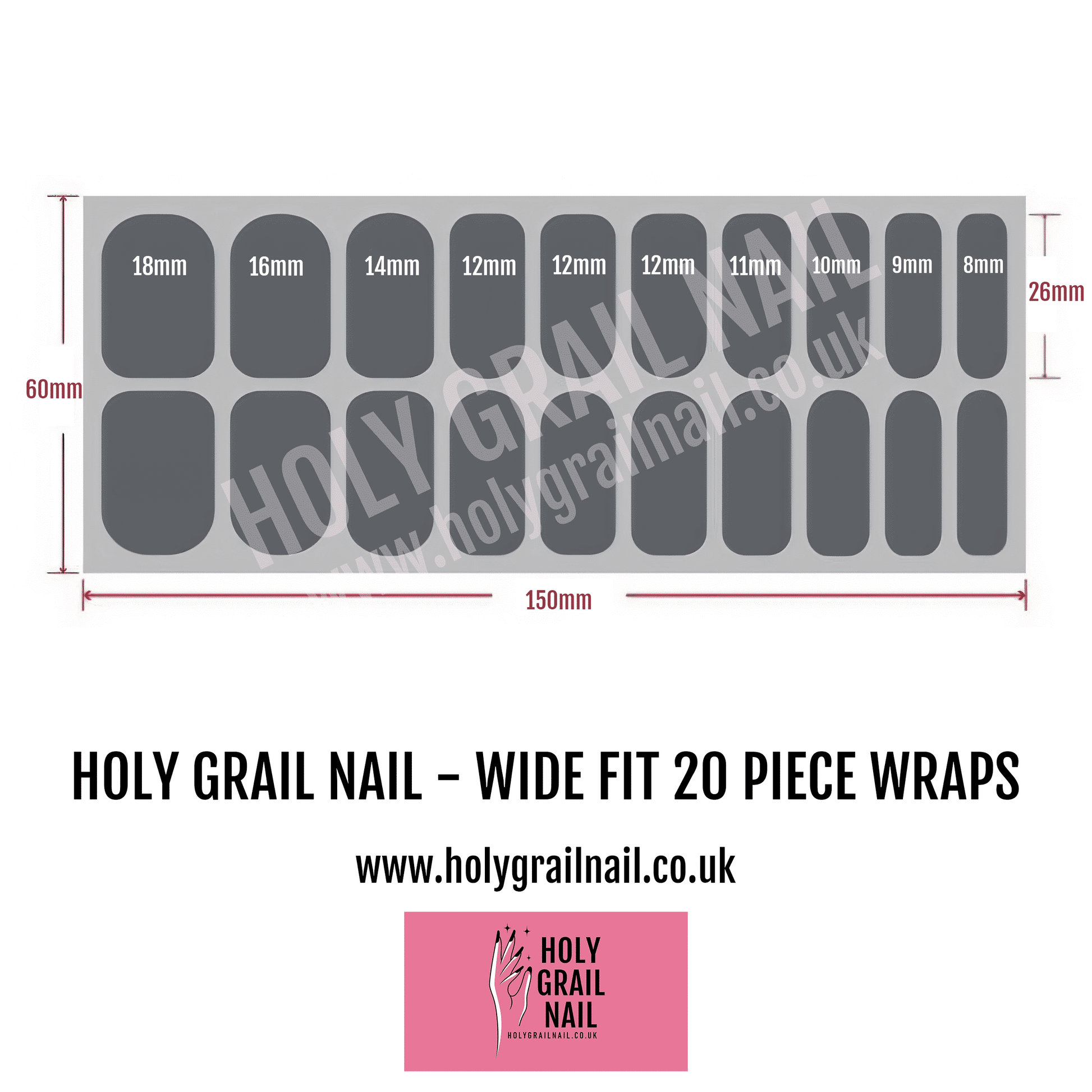 Grey agate marble pattern nail wraps wide fit 20 piece sizing chart