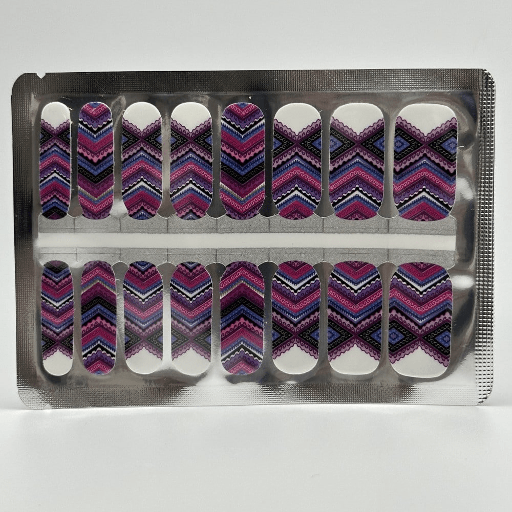 Purple blue chevron pattern non-UV nail wraps in clear packaging