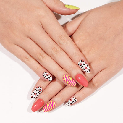 Mixed nail art featuring leopard print nail wraps with striped and coral designs