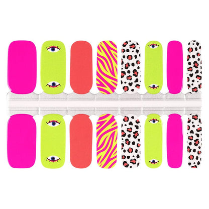 Colourful nail wrap sheet featuring pink lime green coral eye designs and leopard patterns