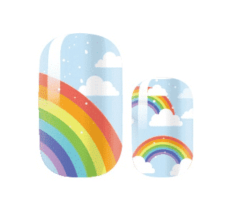 Colourful rainbow nail wraps with blue clouds and glitter accent non-UV nail art