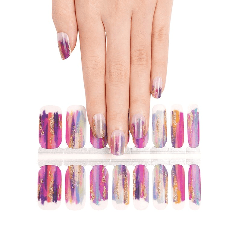 Purple chrome nail wraps sheet with holographic strips and hand model displaying manicure