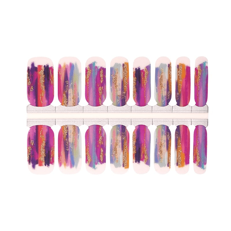 Complete set of purple chrome nail wraps with holographic finish for DIY manicure