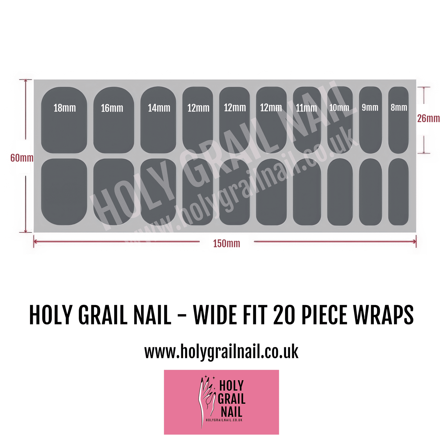 Wide fit nail wrap size guide showing 20 piece black gel nail wraps with measurements