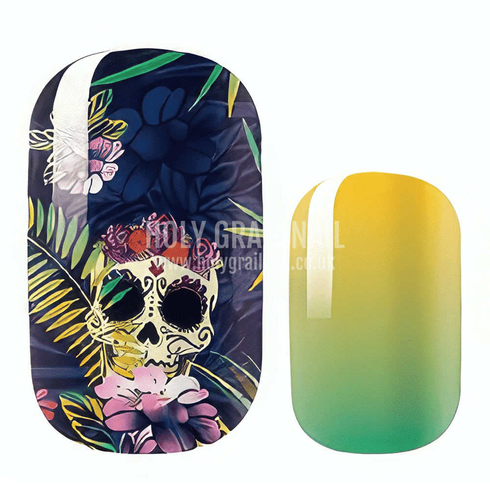 Dark skull floral nail wrap design paired with yellow-green gradient nail art