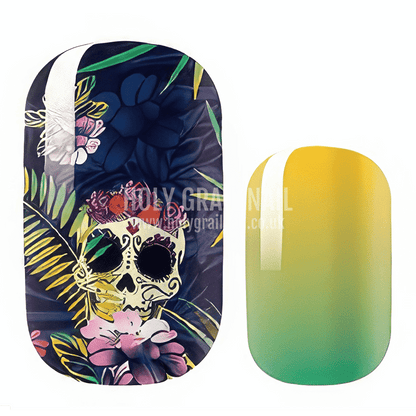 Dark skull floral nail wrap design paired with yellow-green gradient nail art