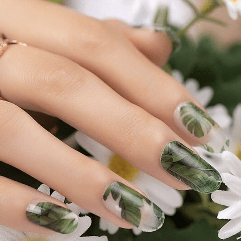 Tropical palm leaf nail art on hand with green botanical monstera design