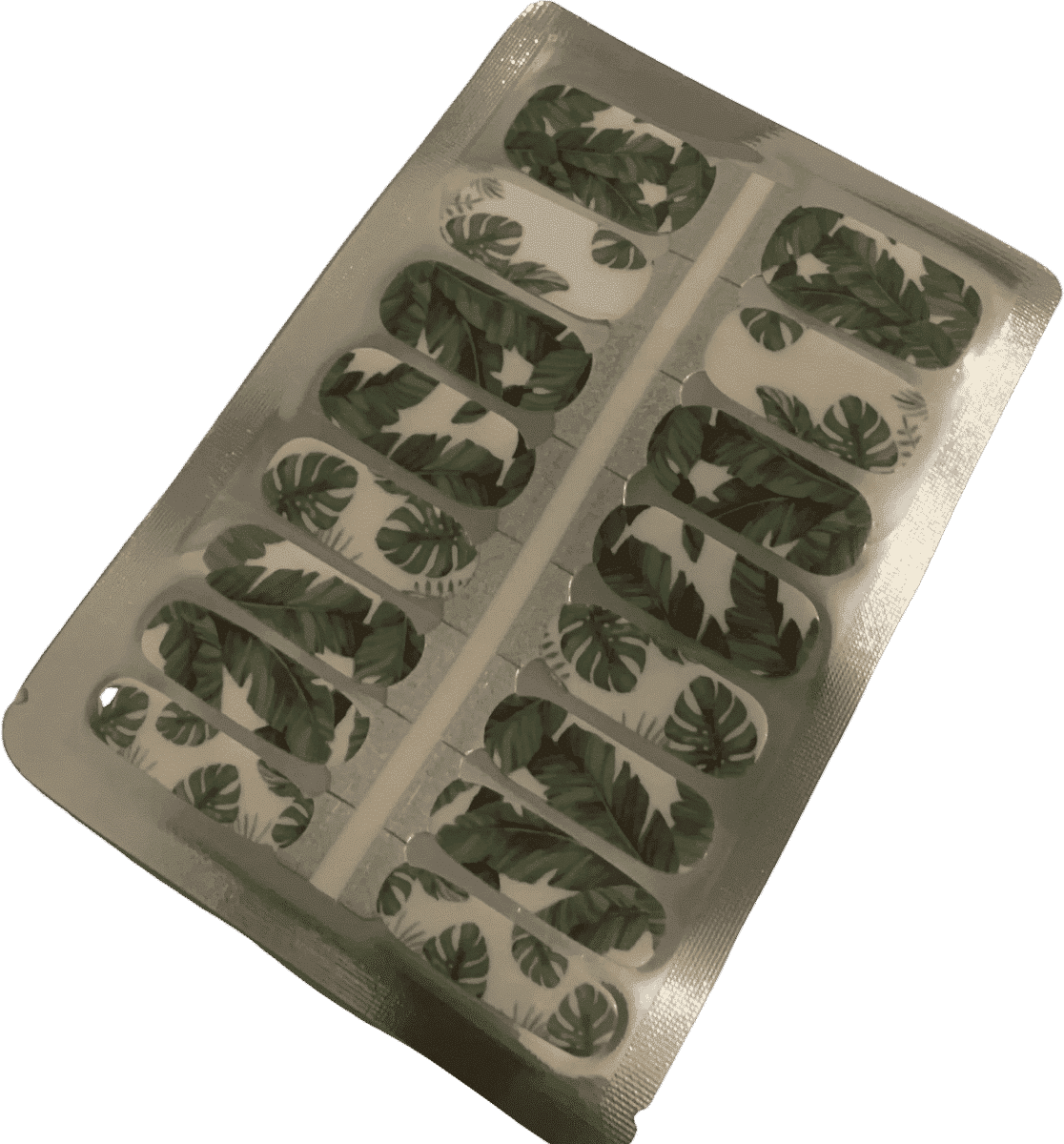 Non-UV nail wrap sheet featuring green tropical palm leaf and monstera patterns