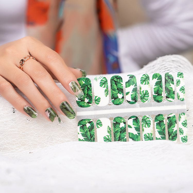 Green palm leaf nail wrap sheets with tropical botanical monstera pattern design