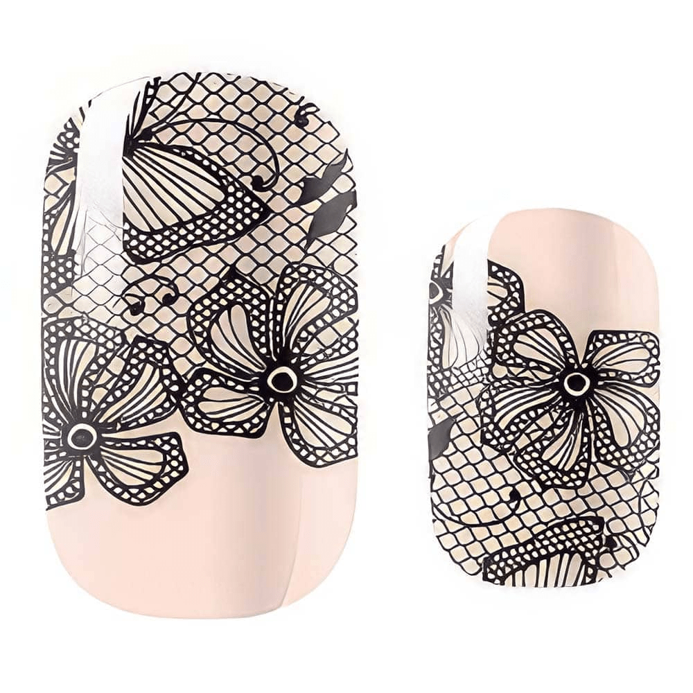 Pink nail wraps with black lace butterfly pattern non-UV gel nail art design