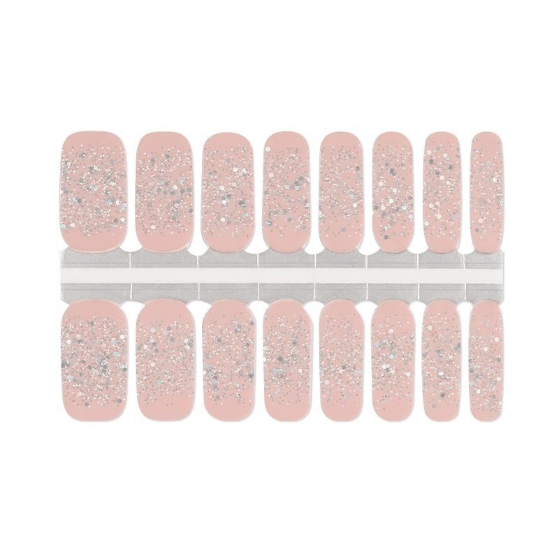 Pink nude glitter non-UV nail wraps sheet showing sparkly gel nail design
