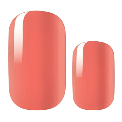 Glossy apricot coral nail wraps on two finger nails showing smooth finish gel nail art design