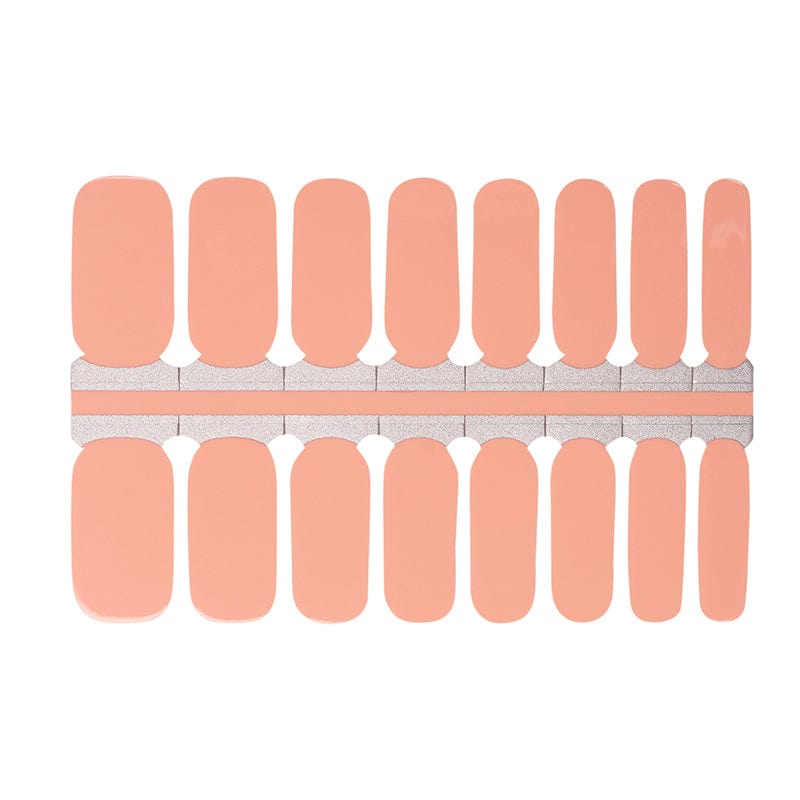 Apricot coral nail wraps sheet showing 16 glossy solid colour gel nail strips for at-home manicure