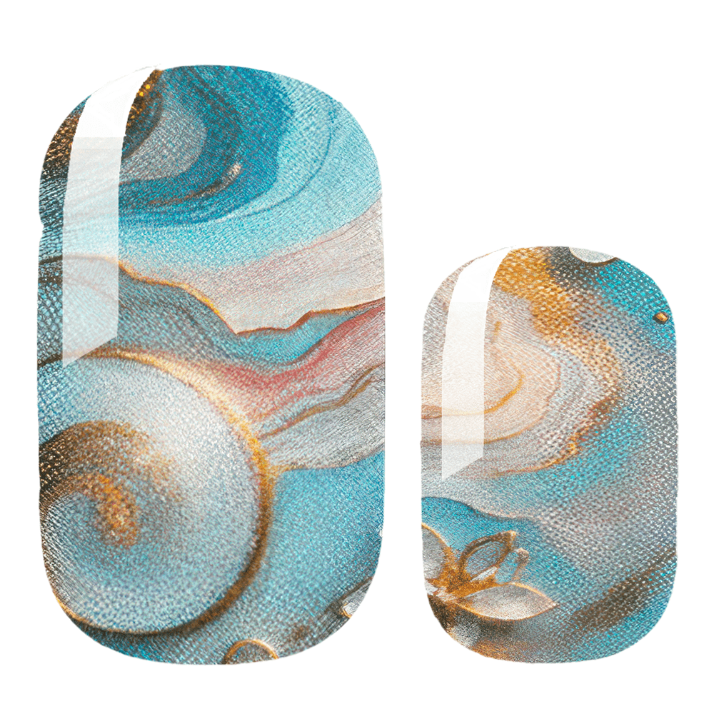 Close-up of turquoise and gold marble nail wrap strips with glossy finish