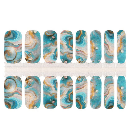 Aqua marble nail wrap sheet showing swirl pattern designs for DIY manicure