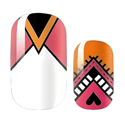 Close-up geometric nail art design showing pink orange white tribal pattern nail wraps