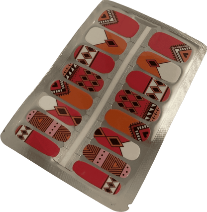 Non-UV nail wraps sheet featuring pink orange geometric tribal patterns for at-home manicure
