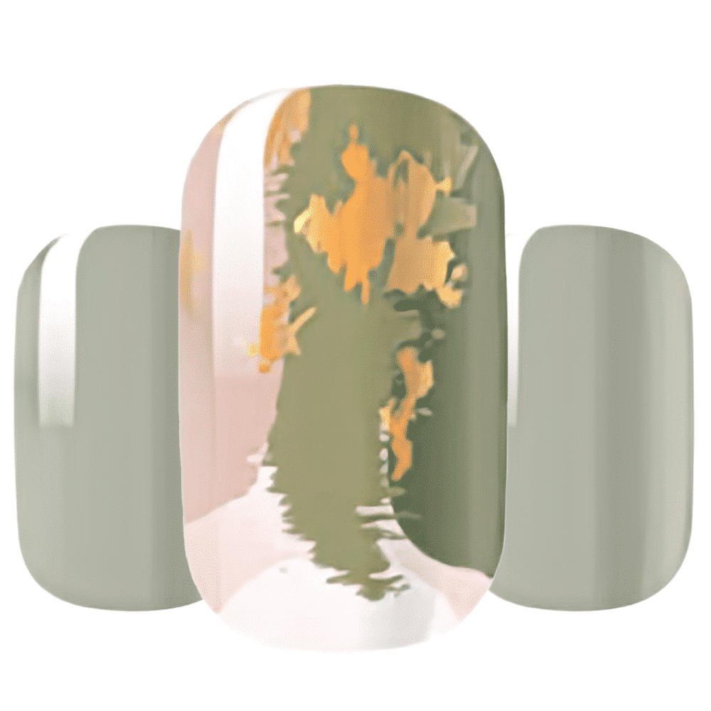 Sage green nail art design featuring gold foil leaves and pink marble accent patterns