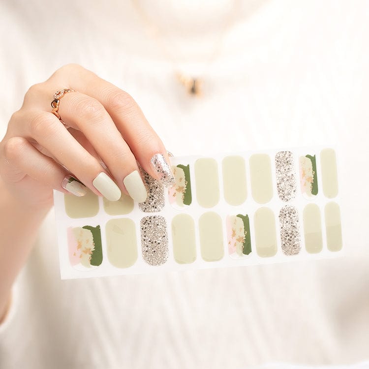 Sage green and gold glitter nail wraps sheet showing 20 pieces for DIY manicure