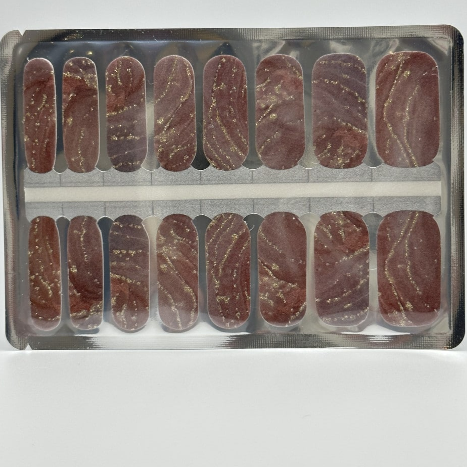 Brown marble gel nail wraps with gold veining classic manicure strip design