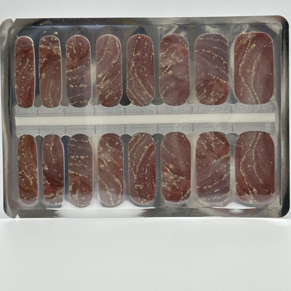 Brown marble gel nail wraps with gold veining classic manicure strip design