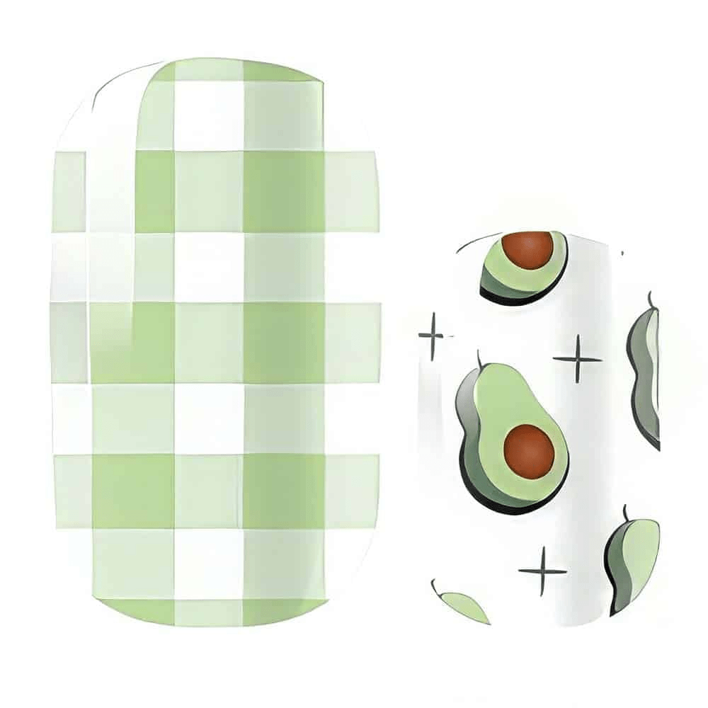 Green gingham check and avocado pattern nail art wraps design