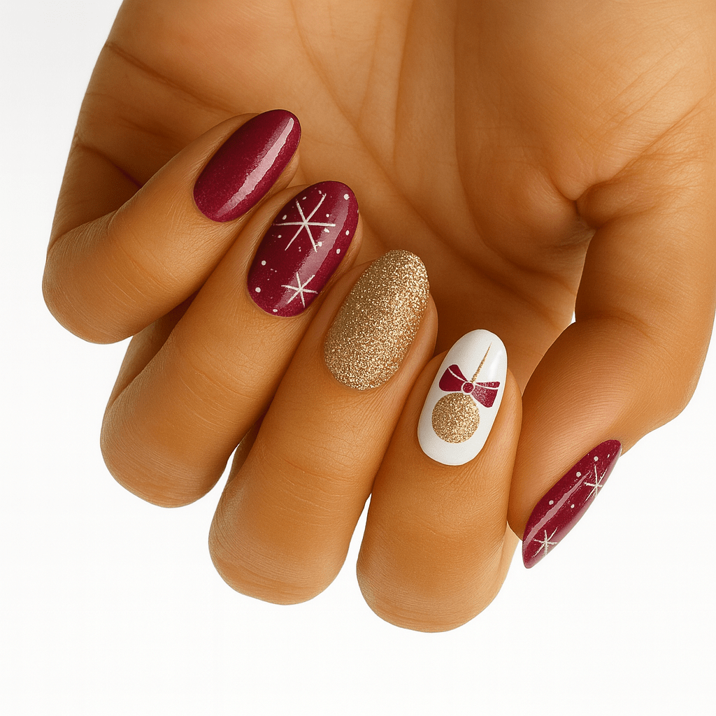 Burgundy and gold Christmas nail art with glitter and bauble designs on hand