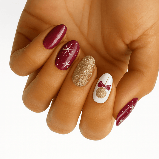 Burgundy and gold Christmas nail art with glitter and bauble designs on hand