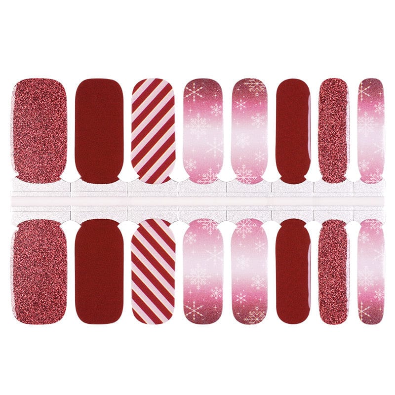 Red and pink Christmas nail wraps sheet with glitter, ombre and candy cane stripe designs