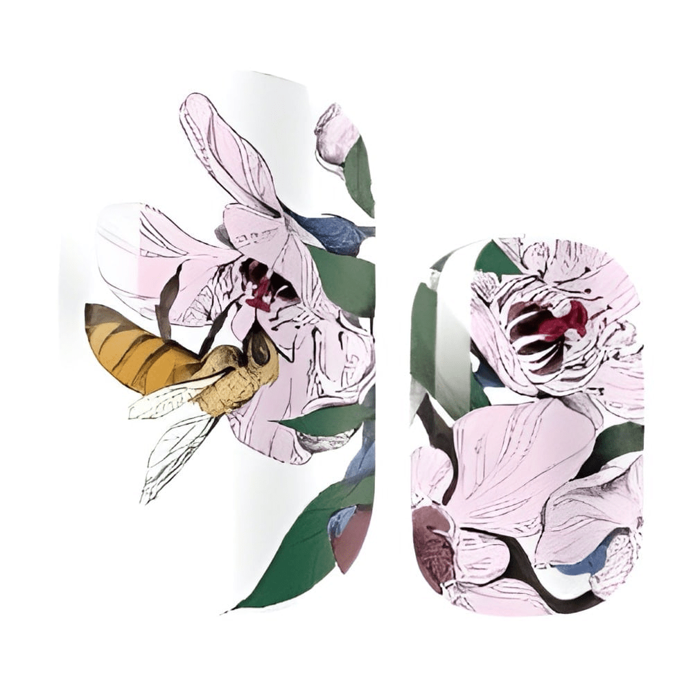 Pink floral nail wraps with bee and leaf design for spring manicure