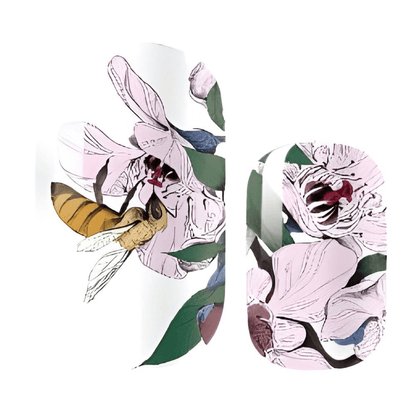 Pink floral nail wraps with bee and leaf design for spring manicure