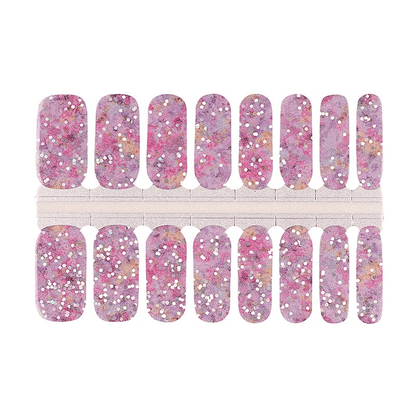 Purple glitter nail wraps with sparkly confetti pattern for at-home manicure nail art