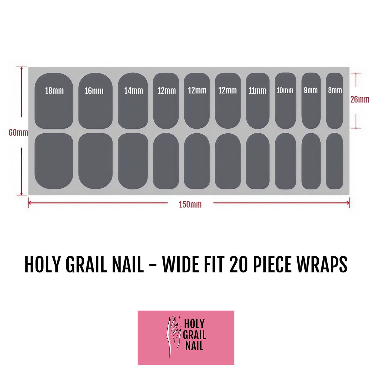 Wide fit nail wraps sizing template showing 20 piece grey layout for gel manicure