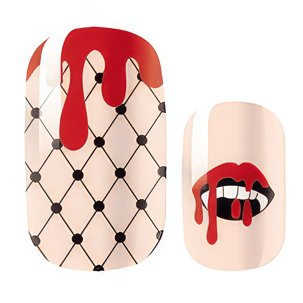 Gothic vampire nail wraps with fishnet pattern blood drip lips fangs design