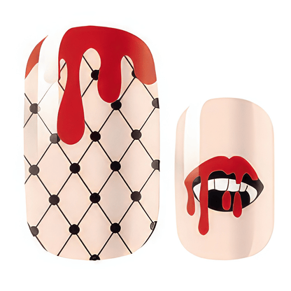Gothic vampire nail wraps with fishnet pattern blood drip lips fangs design