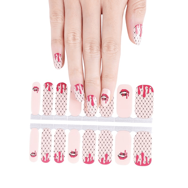 Red blood drip nail wraps sheet with white lace pattern design for at-home manicure