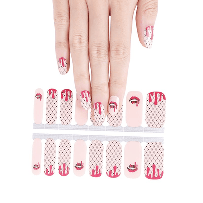 Red blood drip nail wraps sheet with white lace pattern design for at-home manicure